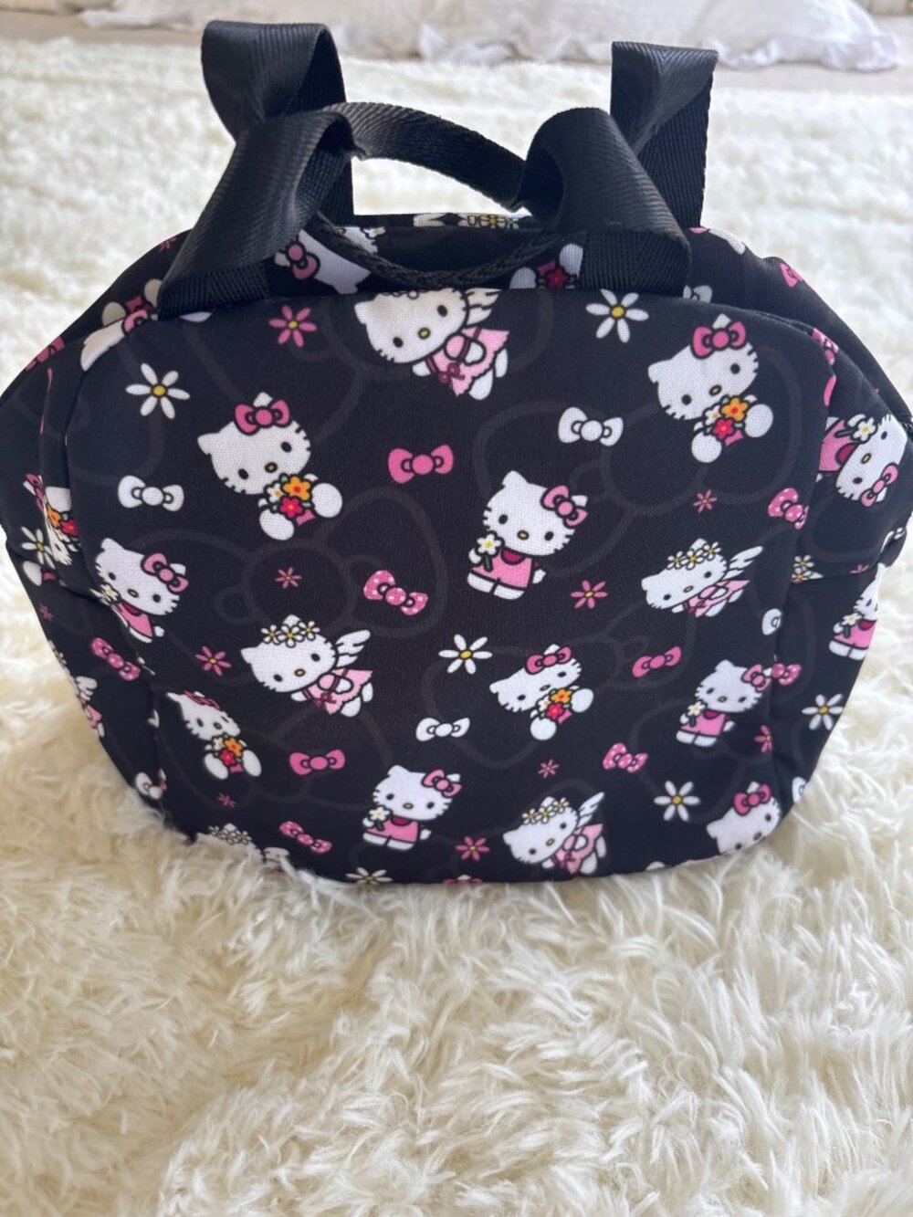 Hello Kitty Insulated Lunch Tote Bag Black With Pink Bow Daisy Flowers Design